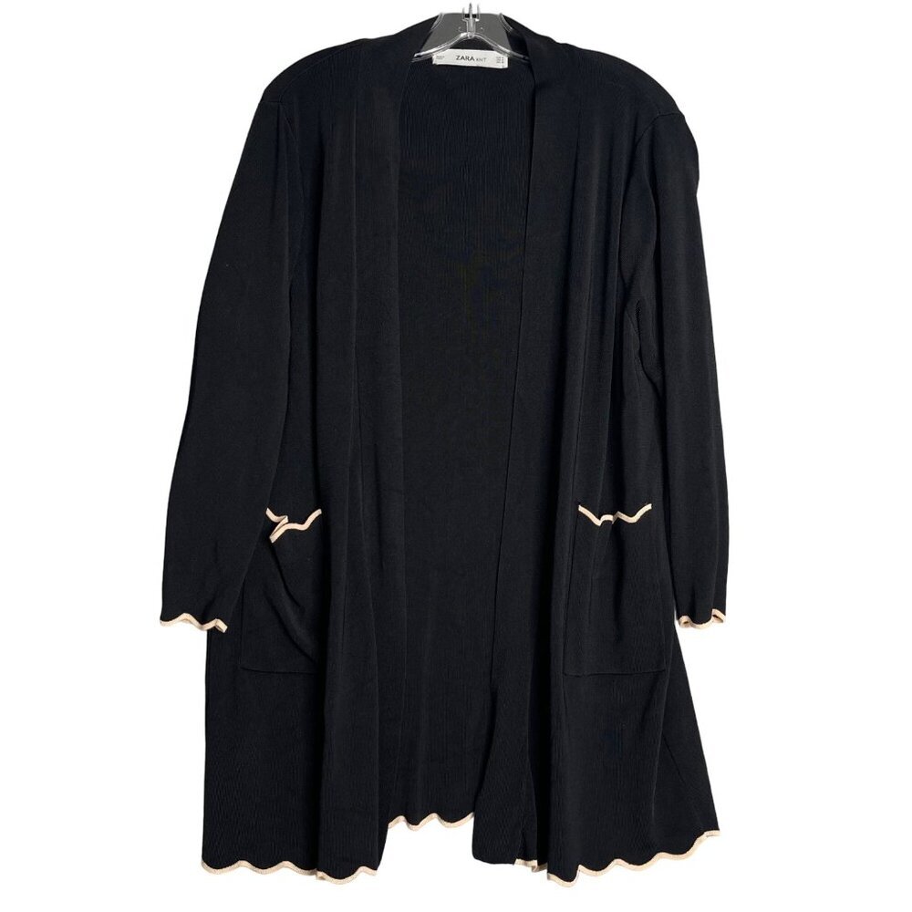 Zara Knit Open Front Cardigan Women's M Black Travel Slinky Scallop Hemline